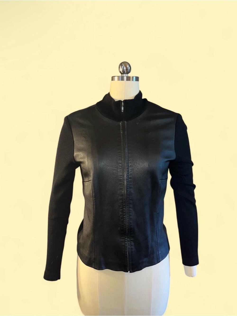 Vintage Missimo Black 100% Leather Jacket Knit Back Turtleneck Minimalist Moto